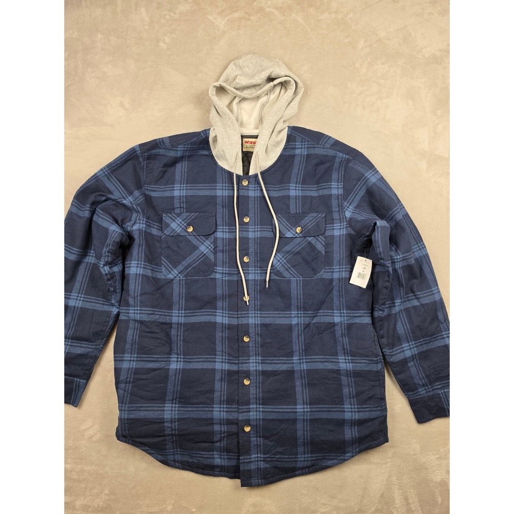Wrangler Flannel Shirt Jacket Mens Large Blue Plaid Quilted Hooded Workwear
